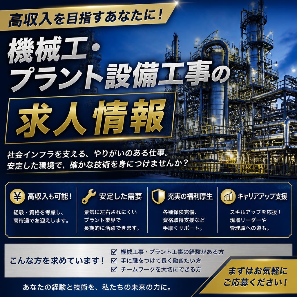 高収入を目指すあなたに！機械工・プラント設備工事の求人情報