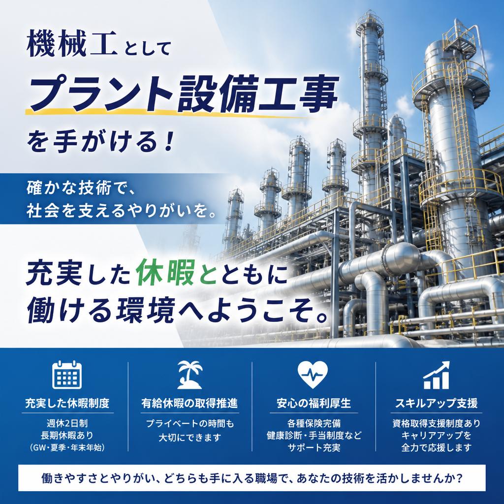 機械工としてプラント設備工事を手がける！充実した休暇とともに働ける環境へようこそ。